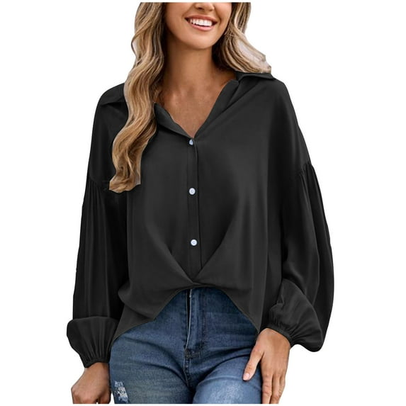 YI YI Long Sleeve Shirts for Women Casual Summer, Turndown Collar Button Down Shirts Sweatshirt Puff Sleeve Loose Fit Tunic Tops M Black
