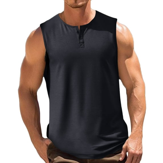 YI YI Men's Fashion Tank Tops Solid Color Pullover Round Neck Sleeveless Gym Sports T-Shirt Fashion Casual Two-Button Vest 2XL Navy