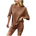 thumbnail image 1 of YI YI Ribbed Knit 2 Pieces Outfits for Women Pajamas Lounge Sets Oversized V Neck T-shirts Shorts Set with Side Slit L Brown, 1 of 9