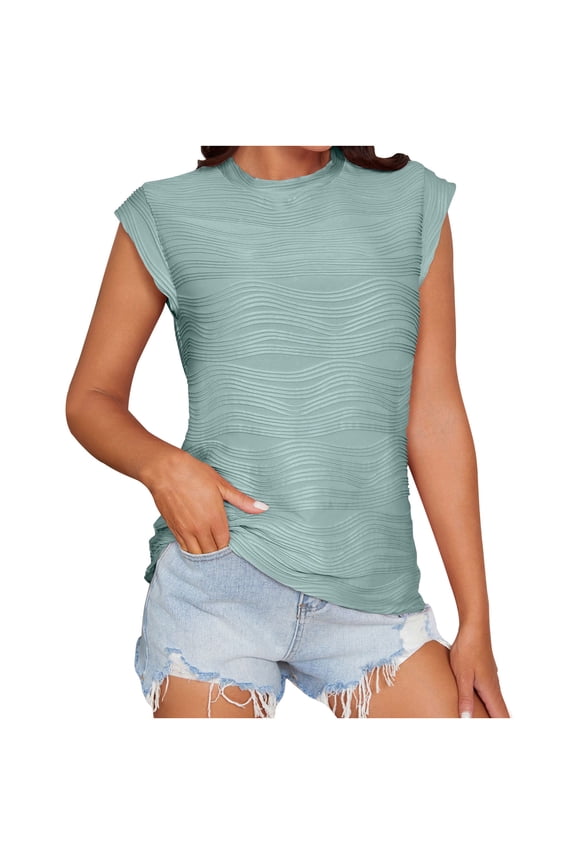 Short Sleeve Shirts for Women Half Turtleneck Textured Wave Stripes Tee Blouses Solid Loose Casual Basic T Shirt Tops L Green