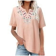 thumbnail image 1 of YI YI Women Cotton Linen Embroidered Tops Causal Summer Short Sleeve Oversized T Shirts V Neck Loose Blouses 2XL Pink, 1 of 5