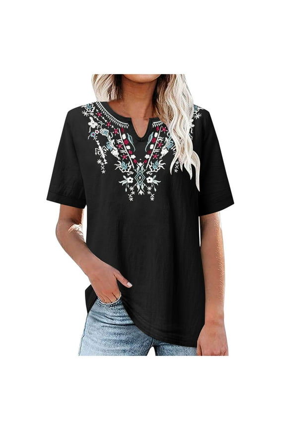 Women Cotton Linen Embroidered Tops Causal Summer Short Sleeve Oversized T Shirts V Neck Loose Blouses XL Black
