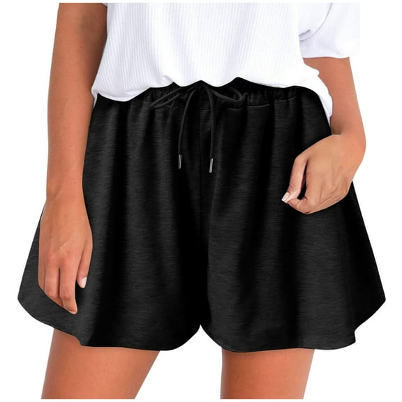 YI YI Women'S Solid Color Casual Drawstring Sports Shorts With Pocket L Black