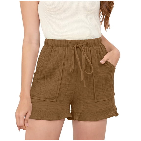 YI YI Women'S Solid Color Casual Drawstring Sports Shorts With Pocket XL Brown
