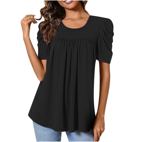YI YI Women Tunic Top Summer Short Puff Sleeve Chest Pleated T-Shirt Casual Blouse Loose Tee 2XL Black