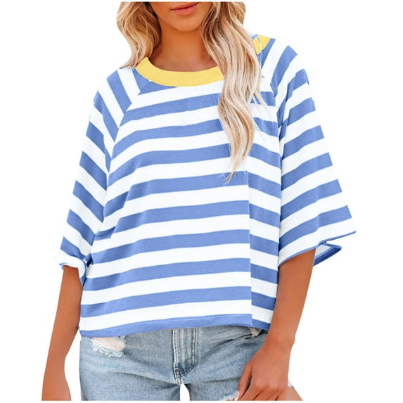 YI YI Women's 2024 Summer Half Sleeve Striped T Shirts Casual Crew Neck Oversized Tee Tops XL Blue