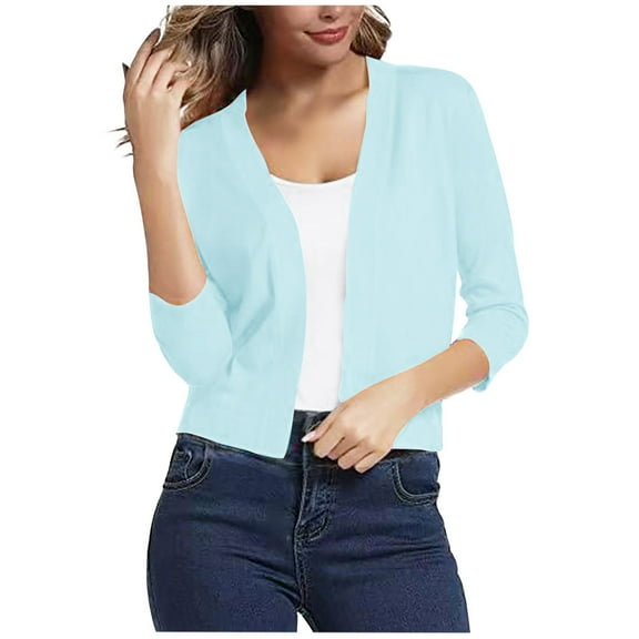 YI YI Women's 3/4 Sleeve Cropped Cardigan Sweater Elegant Shrugs for Women L Light Blue
