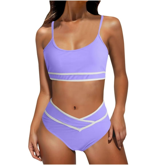 YI YI Women's Bikini Sets High Waisted Two Piece Swimsuits Sporty Color Block Cheeky High Cut Bathing Suits M Purple