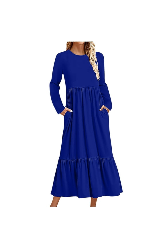 Women's Casual Long Sleeve Crewneck Swing Dress Casual Flowy Tiered Maxi Beach Dress with Pockets S Dark Blue
