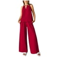 thumbnail image 1 of YI YI Women's Casual Summer Two Piece Outfits Linen Sets Cutout Halter Sleeveless Top Wide Leg Pants Matching Set 2XL Red, 1 of 9