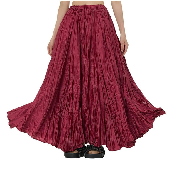 YI YI Women's Flowing Drape Wrinkled Loose And Slimming Oversized Skirt Half Length Skirt Free Size Wine