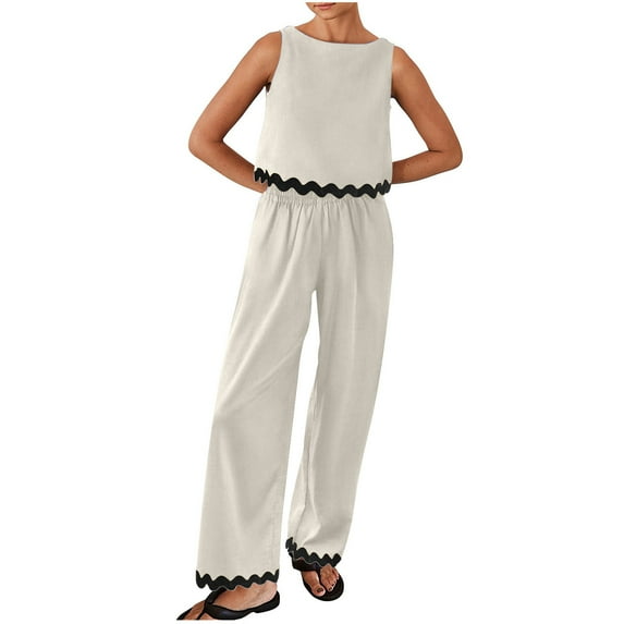 YI YI Women's Summer 2 Piece Outfits Sleeveless Crop Top Capri Wide Leg Pants Jumpsuit Linen Lounge Beach Travel Sets M Beige