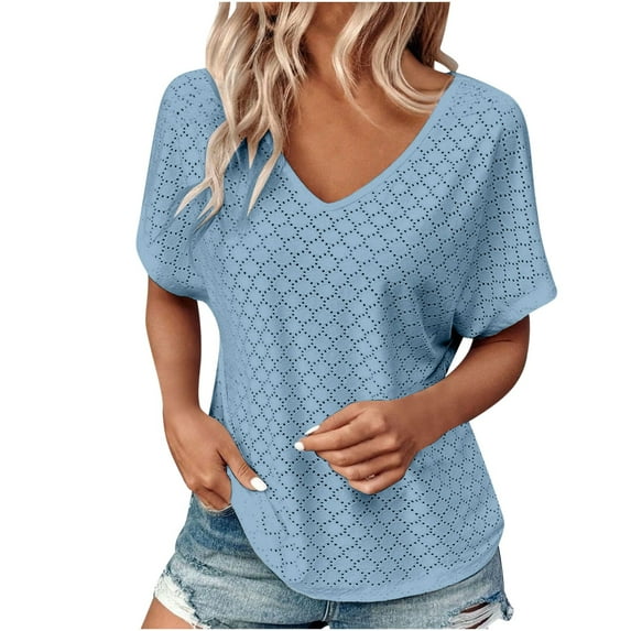 YI YI Womens 2024 Summer V Neck Eyelet T Shirts Casual Cap Sleeve Loose Fit Dressy Blouses Basic Shirts S Light Blue