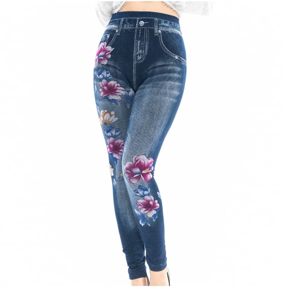 YI YI Womens Denim Pants Women Embroidery Flower Print Jeans Stretch Slim Skinny Jeans Pants High Waist Trousers 2XL Blue