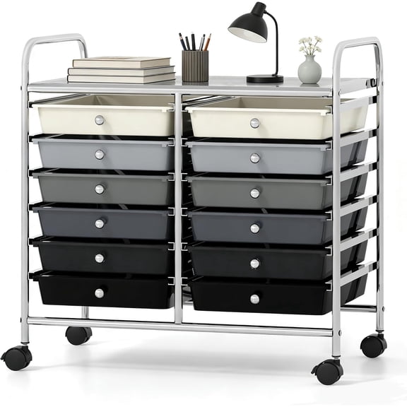 YIAIL 12-Drawer Rolling Storage Cart, Utility Storage Organizer Cart | For Tools, Scrapbook, Paper, Craft, Multipurpose Art Supply Organizer on Wheels for Home Office School, Teacher, Mixed Black