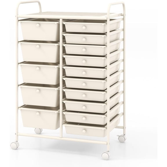 YIAIL 15-Drawer Rolling Cart, Storage Carts with Removable Drawers & Steel Frame, Utility Cart on Lockable Wheels for Home, School, Office (Ivory)