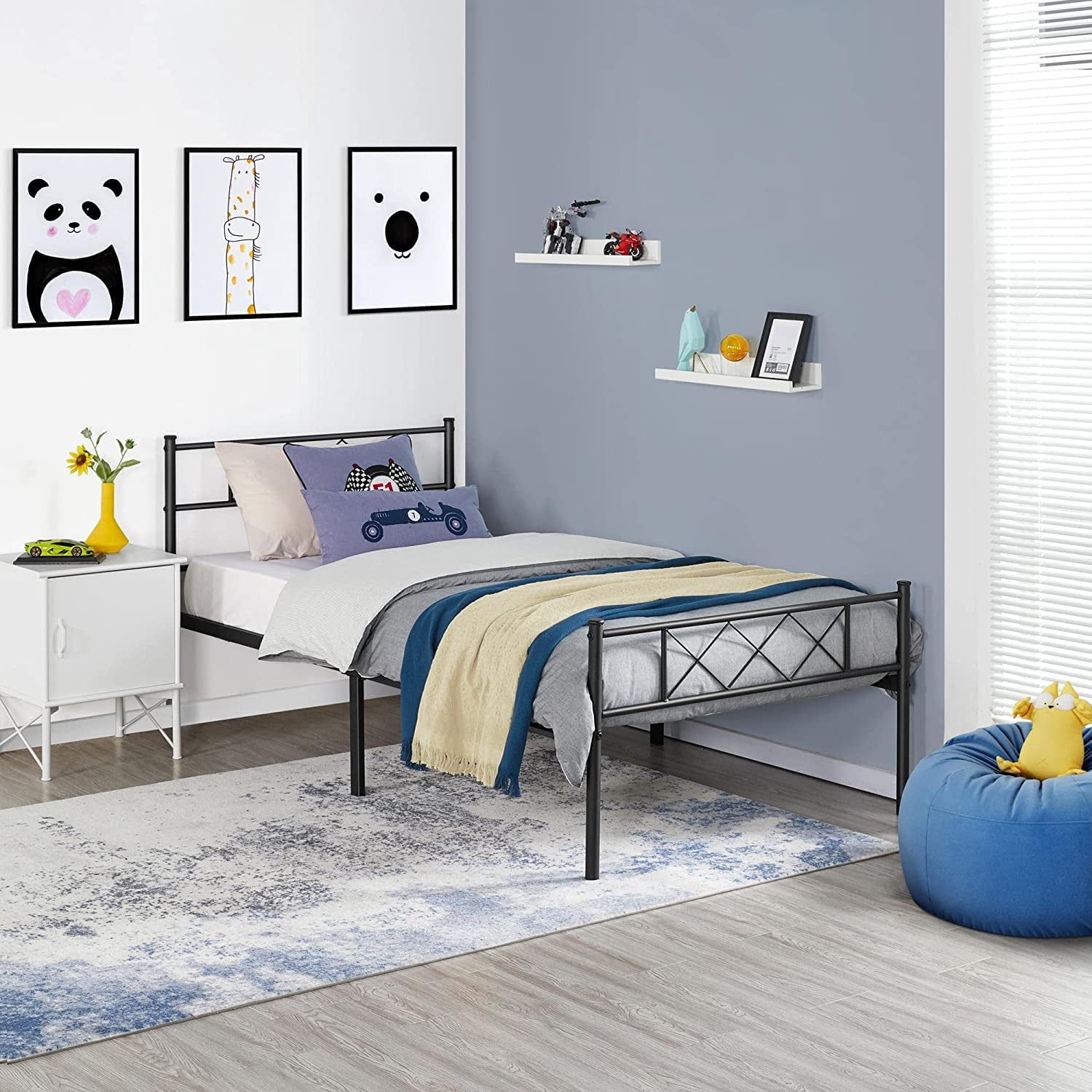 YIAIL Black Metal Bed Frame with Headboard Mattress Foundation/Platform ...