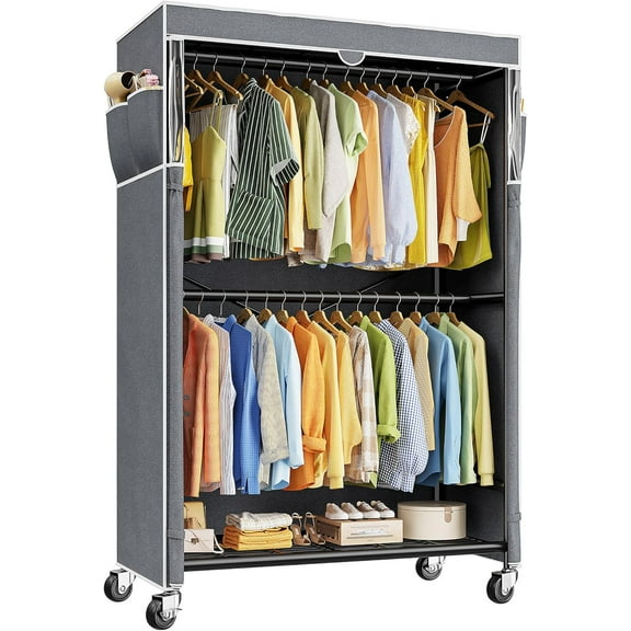 YIAIL Clothes Rack with Cover, Rolling Closet for Hanging 120+ Garments | Reinforcement Bar, Double-tier Frame, Adjustable Rod, Easy Assembly, Saving Space for Bedroom Apartment, 35"W load 308LBS