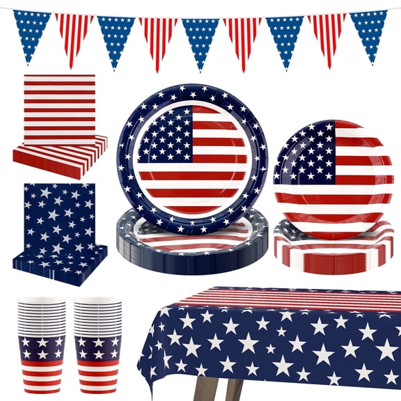 YIBAGA 4th of July Decorations Patriotic Party Supplies Set for 24-Disposable Plates, Napkins, Cups, Tablecloth, Flag, Blue Red