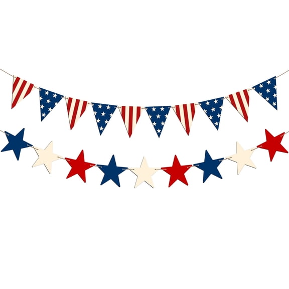 YIBAGA 4th of July Garland Banner 2 Sets Patriotic Independence Day Decor Wooden, Red White Blue