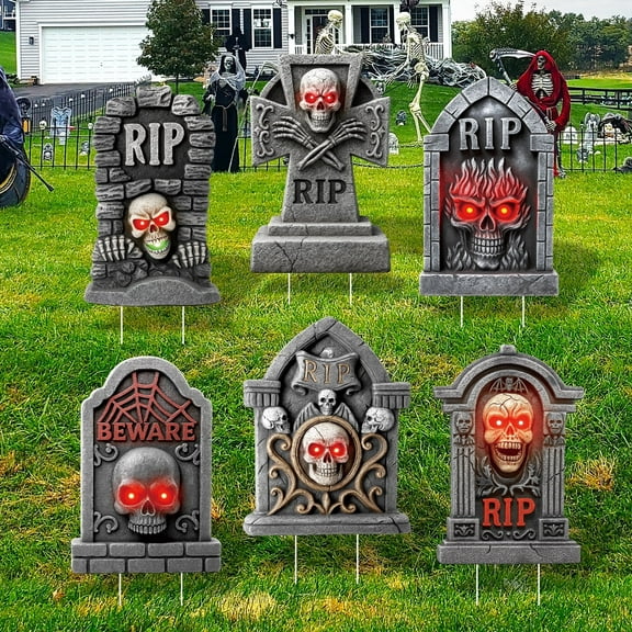 YIBAGA 6PCS Halloween Yard Signs with Stakes, Tombstone Gravestone Headstone RIP Light Up Eyes Skull Outdoor Lawn Garden Decor