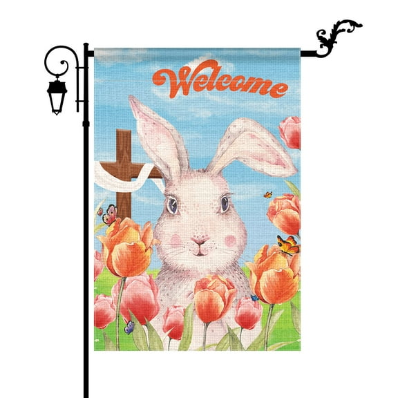 YIBAGA Easter Garden Flag Welcome Rabbit Floral Double Sided Pascha Yard Outdoor Decoration, 12x18 inch, Polyester