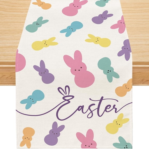YIBAGA Easter Table Runner, Colorful Easter Bunny Decor for Indoor Dining Table Spring Holiday Decorations, 13x108 inch, Polyester