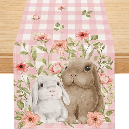YIBAGA Easter Table Runner, Easter Bunny Decor Pink Buffalo Plaid Home Table, 13x60 inch, Polyester