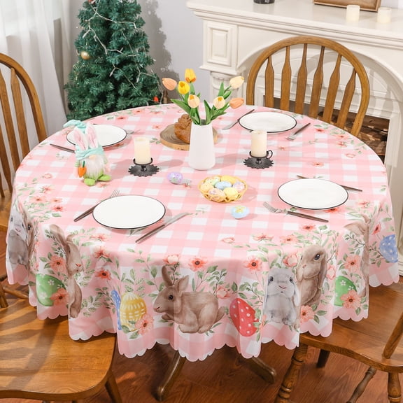 YIBAGA Easter Tablecloth, Easter Bunny Table Cover Pink Home Decor, 60 inch Diameter Round, Polyester
