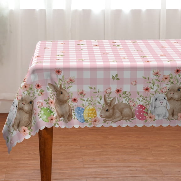 YIBAGA Easter Tablecloth, Easter Bunny Table Cover Pink Home Decor, 60 x 60 inch, Polyester