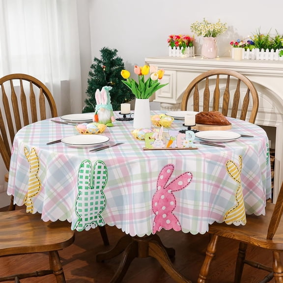 YIBAGA Easter Tablecloth, Happy Easter Eggs Table Cover Decorations Spring Home Decor, 70 inch Diameter Round, Polyester