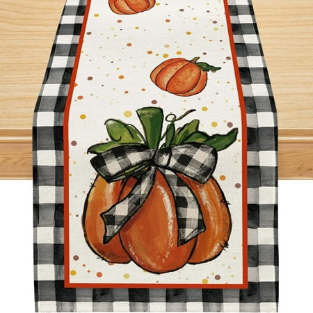 YIBAGA Fall Table Runner, Pumpkin Bow Buffalo Plaid Dining Decoration, 13x72 inch, Polyester