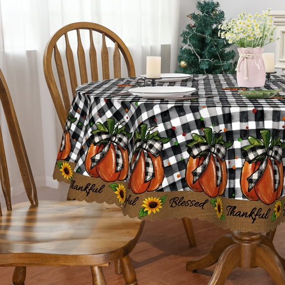 YIBAGA Fall Tablecloth, Pumpkins Buffalo Plaid Tableware Thanksgiving Home Decor, 60 inch Diameter Round, Polyester