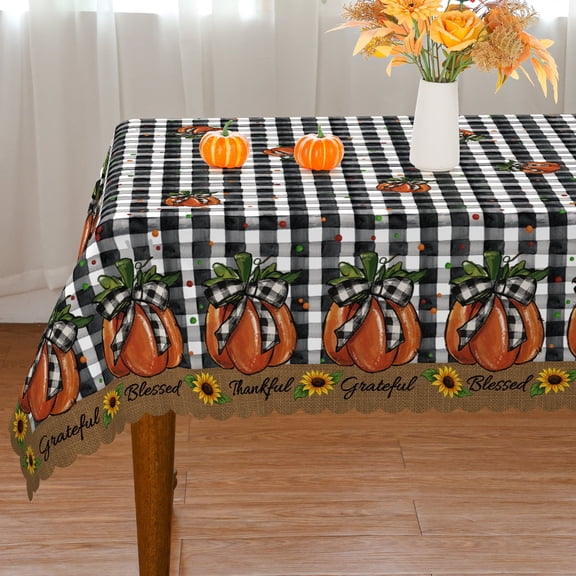YIBAGA Fall Tablecloth, Pumpkins ‌Buffalo Plaid Tableware Thanksgiving Home Decor, 60 x 60 inch, Polyester