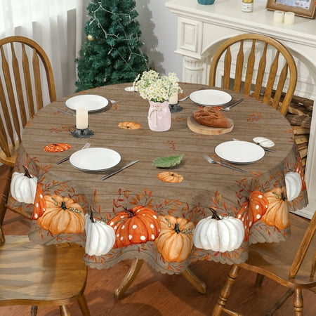 YIBAGA Fall Tablecloth, Thanksgiving Pumpkins Brown Tableware Home Decor, 60 inch Diameter Round, Polyester