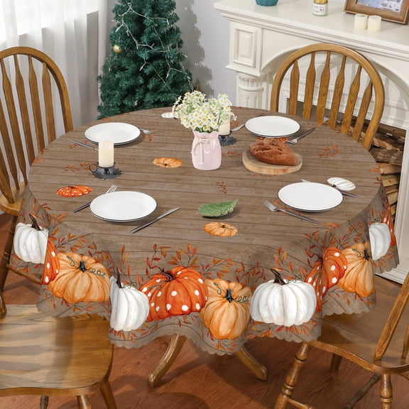 YIBAGA Fall Tablecloth, Thanksgiving Pumpkins Brown Tableware Home Decor, 60 inch Diameter Round, Polyester
