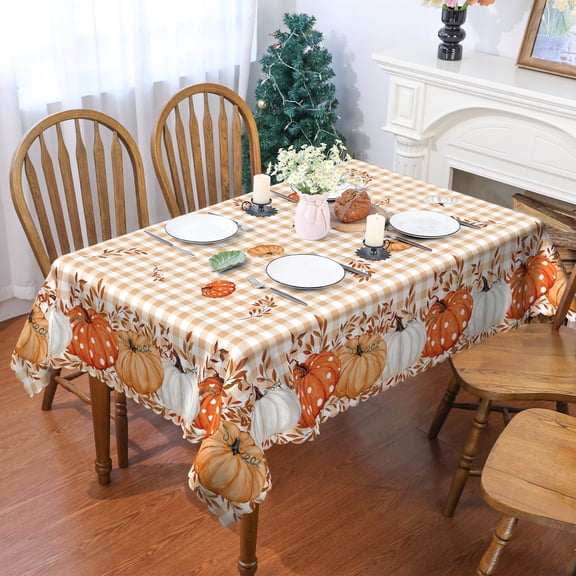 YIBAGA Fall Tablecloth, Thanksgiving Pumpkins Buffalo Plaid Tableware Home Decor, 60 x 84 inch, Polyester