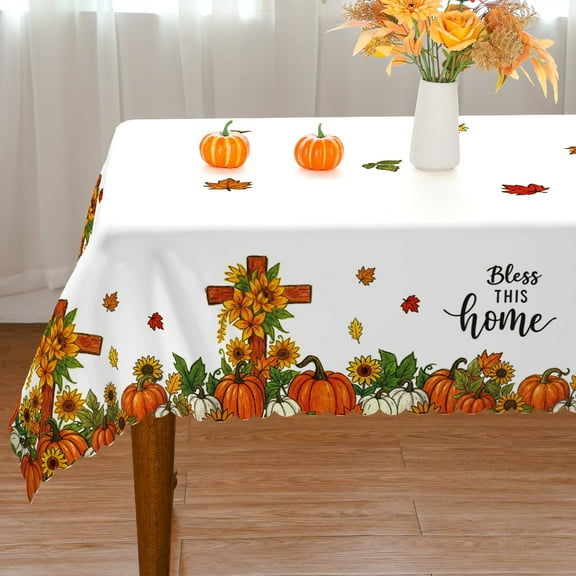 YIBAGA Fall Tablecloth, Thanksgiving Pumpkins Cross Tableware Home Decor, 60 x 84 inch, Polyester