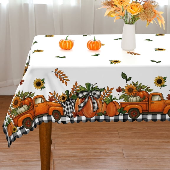 YIBAGA Fall Tablecloth, Thanksgiving Pumpkins Trucks Buffalo Plaid Home Decor, 60 x 84 inch, Polyester