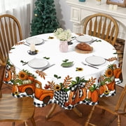 YIBAGA Fall Tablecloth, Thanksgiving Pumpkins ‌Trucks Buffalo Plaid Home Decor, 70 inch Diameter Round, Polyester