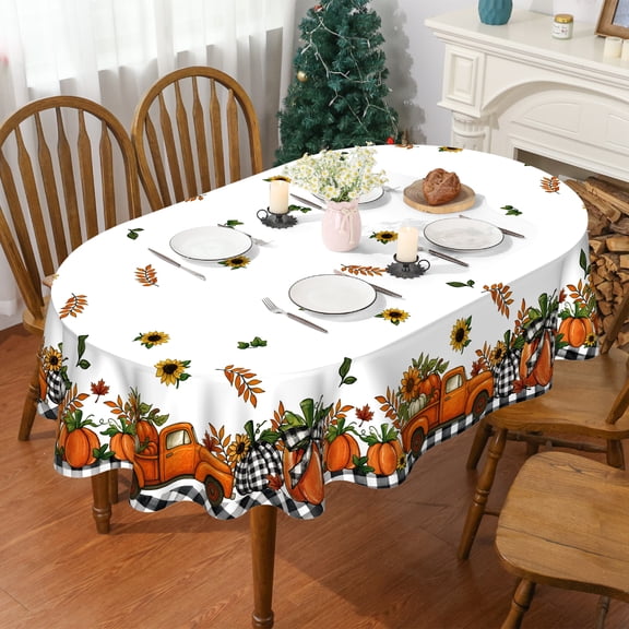 YIBAGA Fall Tablecloth, Thanksgiving Pumpkins Trucks Gnomes Home Decor, 60 x 84 inch Oval, Polyester