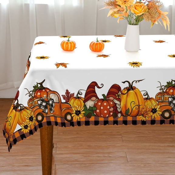 YIBAGA Fall Tablecloth, Thanksgiving Pumpkins Trucks Gnomes Home Decor, 60 x 84 inch, Polyester