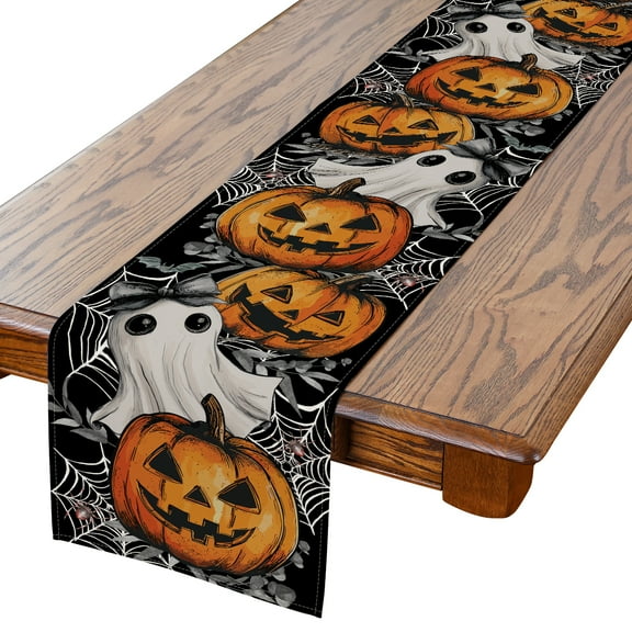 YIBAGA Halloween Table Runner, Ghosts Pumpkins Cobwebs Tableware Home Indoor Decor, 13x36 inch, Polyester