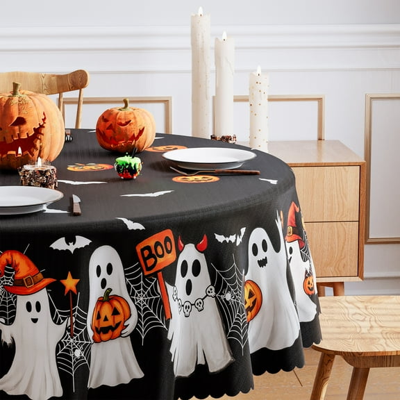 YIBAGA Halloween Tablecloth, Ghosts Pumpkins Bats Tableware Home Decor, 60 inch Diameter Round, Polyester