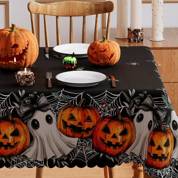 YIBAGA Halloween Tablecloth, Ghosts Pumpkins Cobwebs Tableware Home Decor, 60 x 84 inch, Polyester