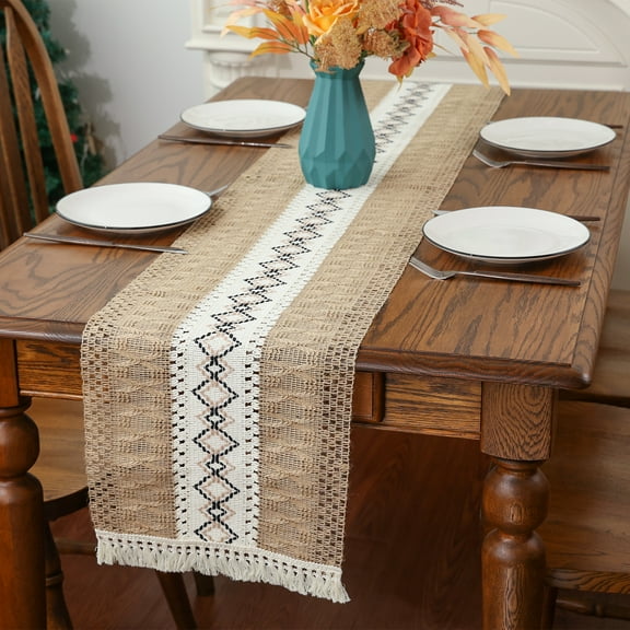 YIBAGA Jute Burlap Table Runner, Cotton Linen Table Runner, Rustic Farmhouse Home Decor, 86 inch