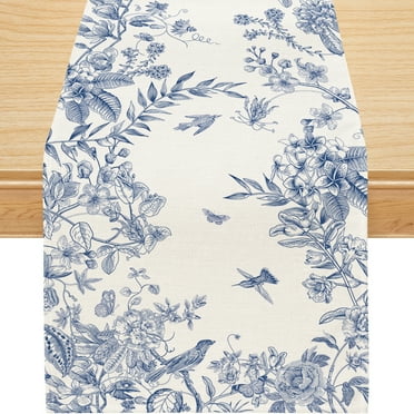 YIBAGA Spring Table Runner, Blue Leaves Birds Home Spring Dining Table Decor, 13x72 inch, Polyester