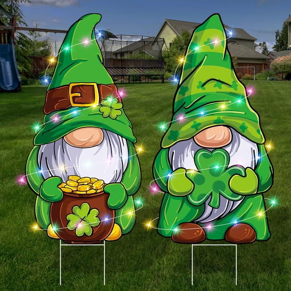 YIBAGA St Patricks Day Yard Signs Extra Large Outdoor Decorations 2pcs Gnomes with Stakes with LED Lights