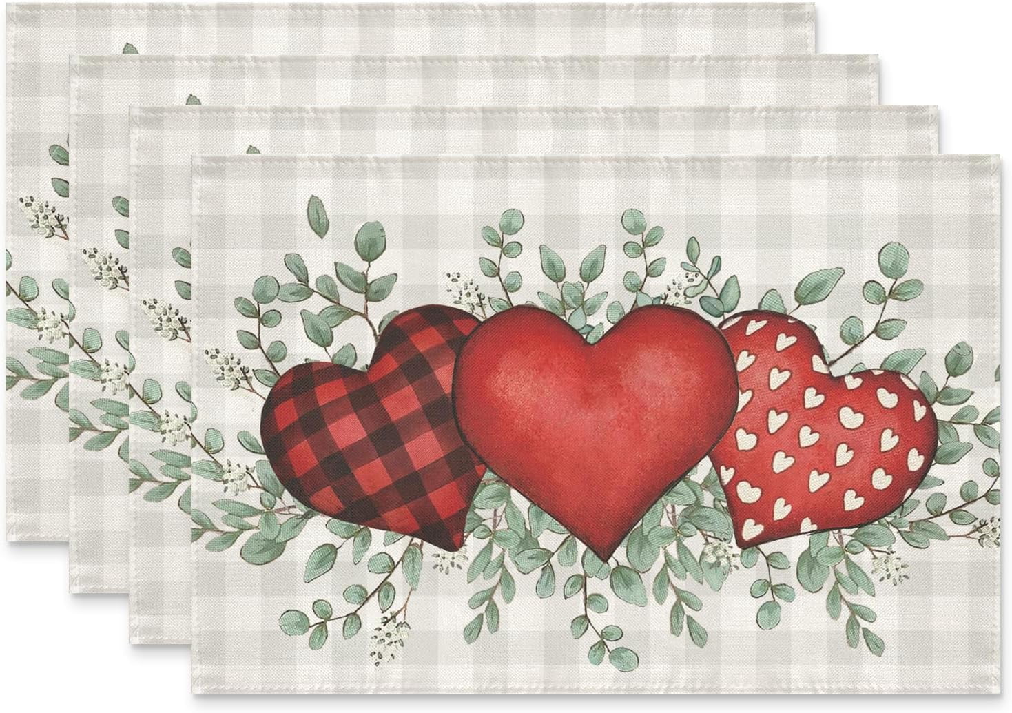 YIBAGA Valentines Day Placemats Set of 4, Sweet Heart Buffalo Plaid ...