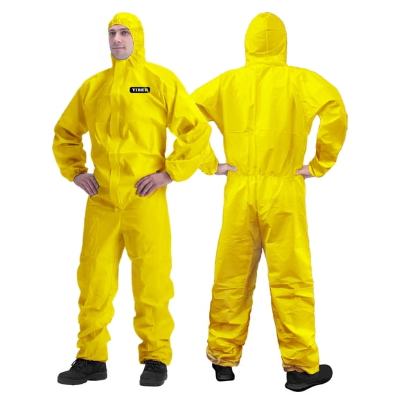 YIBER Hazmat Suit Disposable Coverall, Heavy Duty Full Body Paint Suits with Elastic Wrists,Hood & in 7 Sizes-M, Yellow, 1